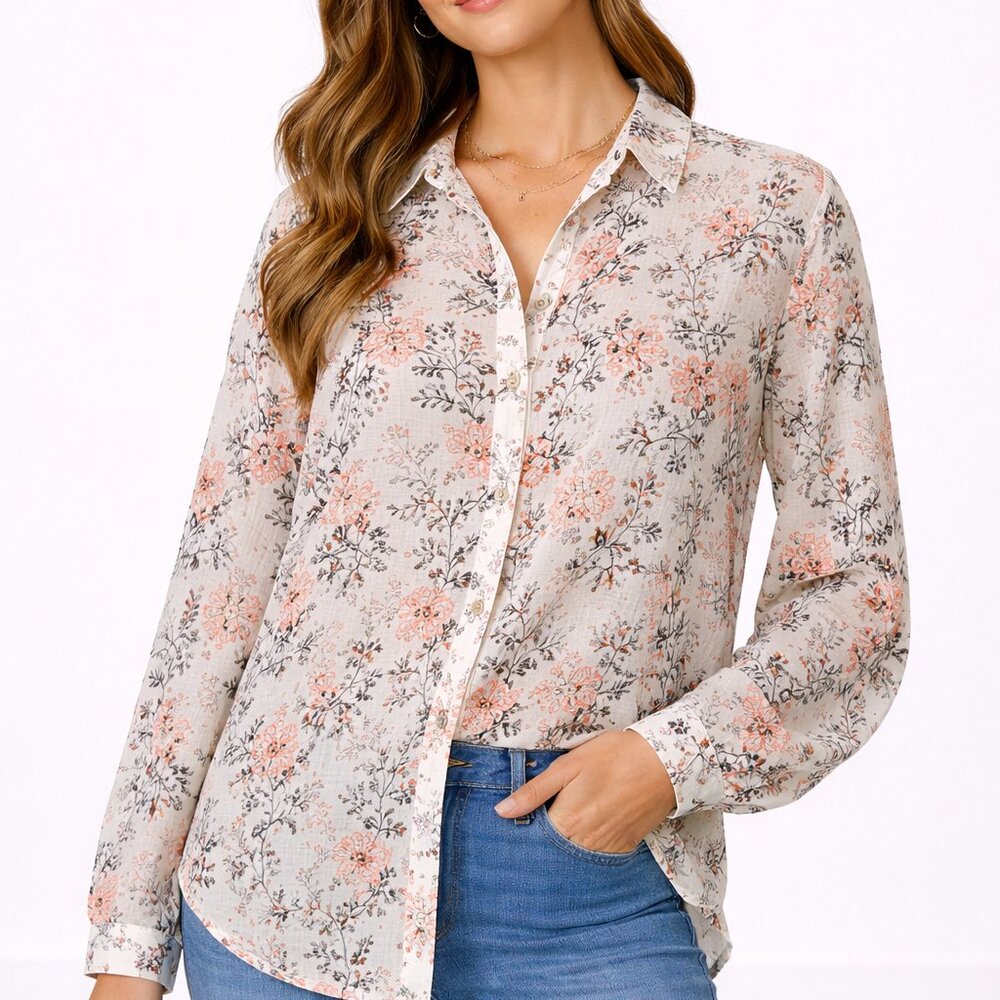 Anthropologie Button Down Womens‎ Medium Shirt Floral Block Print Long Sleeve